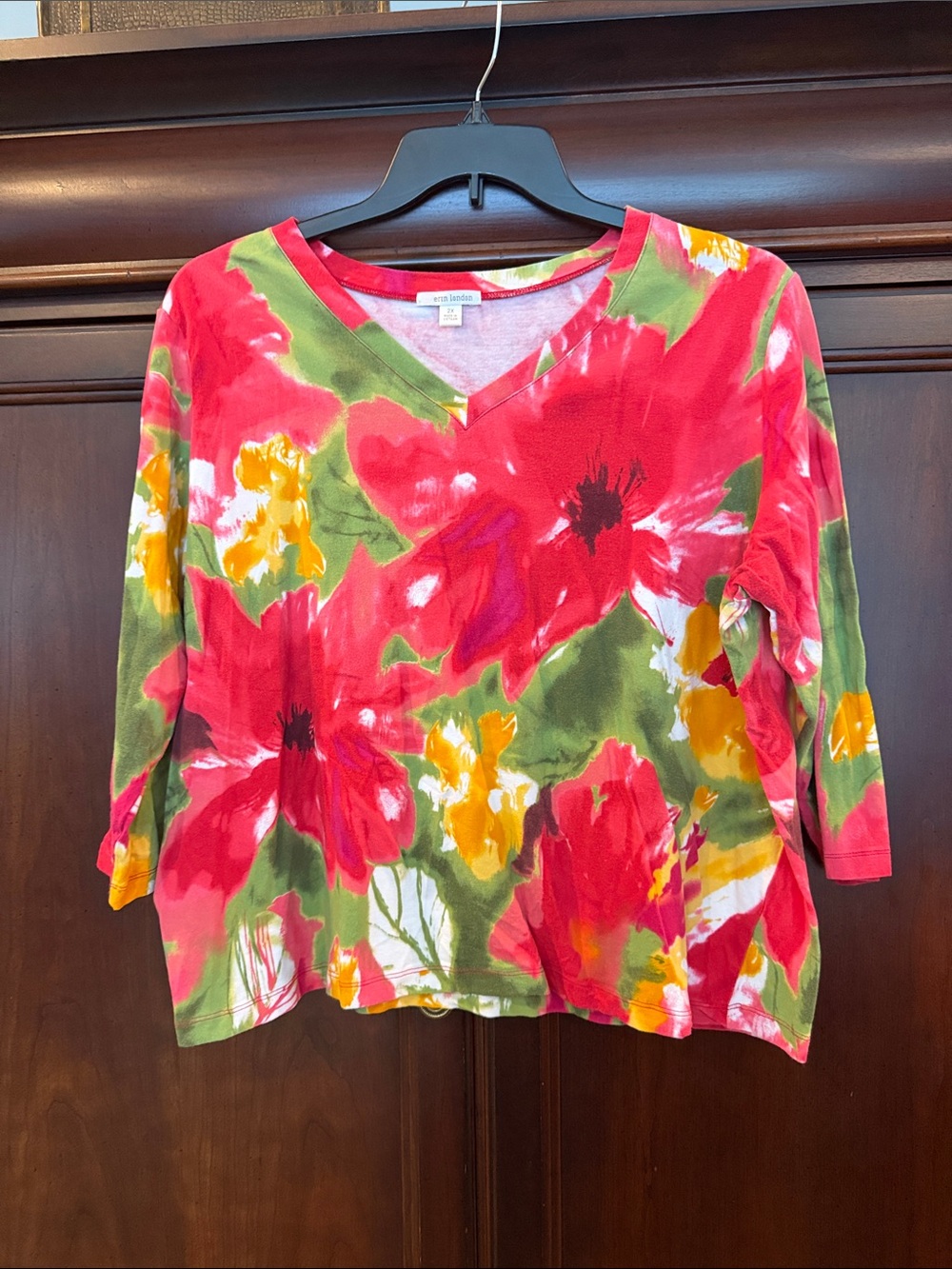 erin london Vibrant Floral V-Neck Top in Red, Green & Yellow
